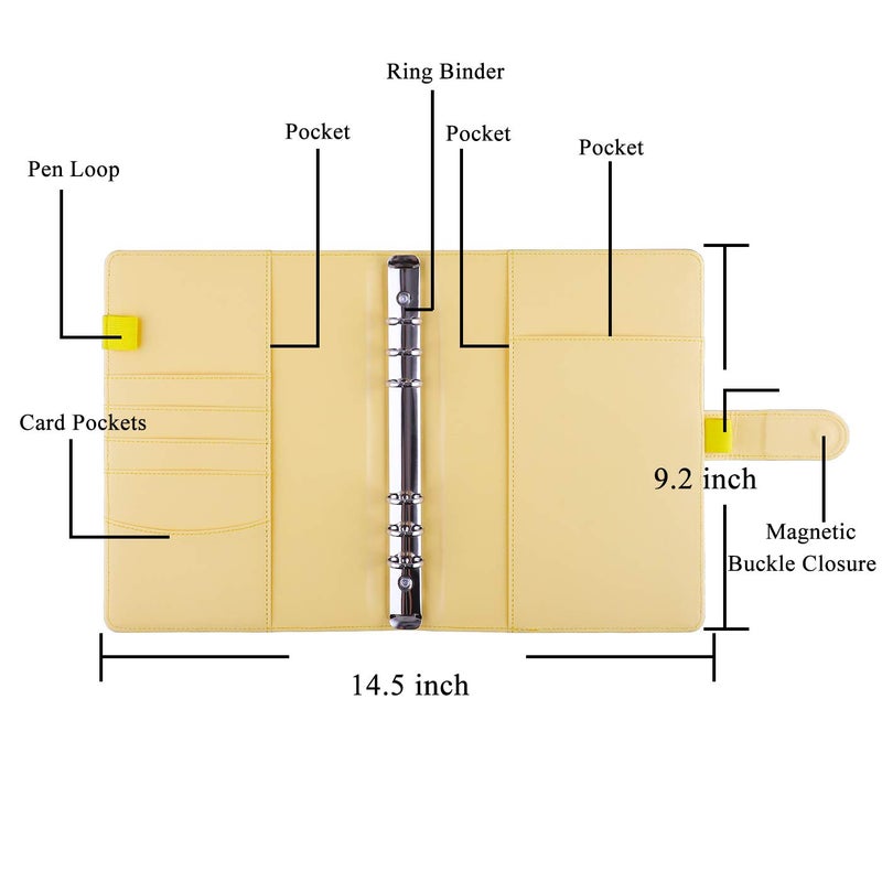 Antner دفتر أنتنر A5 مع حافظة 6 حلقات قابلة للتعبئة لتخطيط الميزانية لتنظيم النقود، غلاف من جلد PU لحامل بطاقات الصور الجمالية، مجلد صغير بأوراق مفكوكة مع مشبك مغناطيسي لإدخالات مخطط A5، أصفر - Image 2